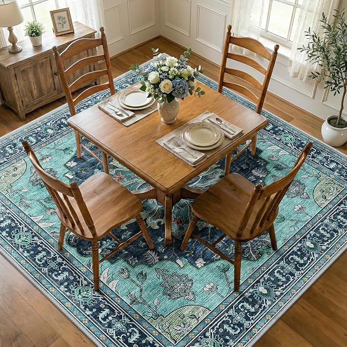 RELEANY Washable Area Rug, Square 8'x8', Teal | Non-Slip, Water Repellent - Image 2