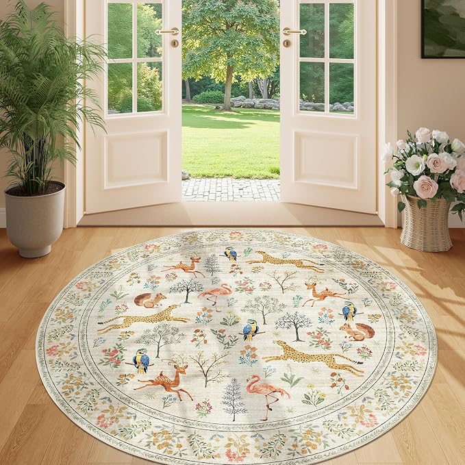 DUKINO 5ft Round Rug, Washable Animal Non Slip Circle Area Rug, Non-Shedding - Image 8