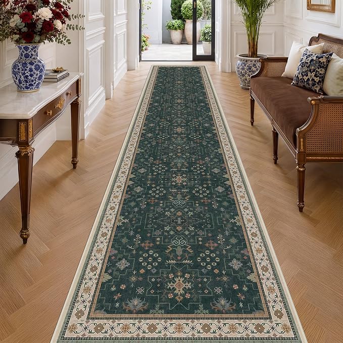 Washable Dark Green Hallway Runner Rug 16 ft Long by HazoHaus