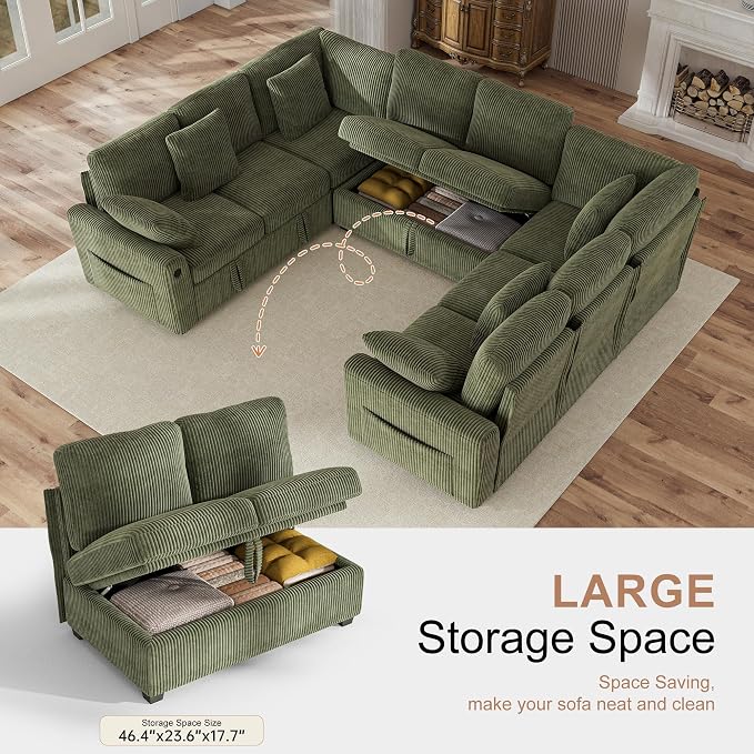 Hanherry Sectional Sofa with Pull Out Couch Bed, Corduroy Sleeper Sofa with 2 - Image 3