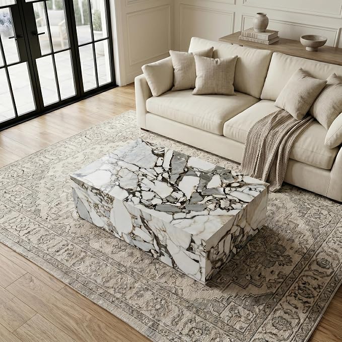 Faux Marble White Coffee Table, Rectangle MDF Living Room Table, Center Table - Image 3