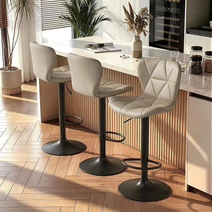 Nalupatio Modern Bar Stools Set of 3, Adjustable Faux Leather Upholstered by Nalupatio