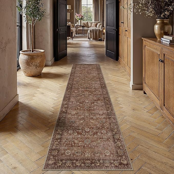 2'6''x10' Brick Red Vintage Floral Washable Runner Rug by HUGEAR