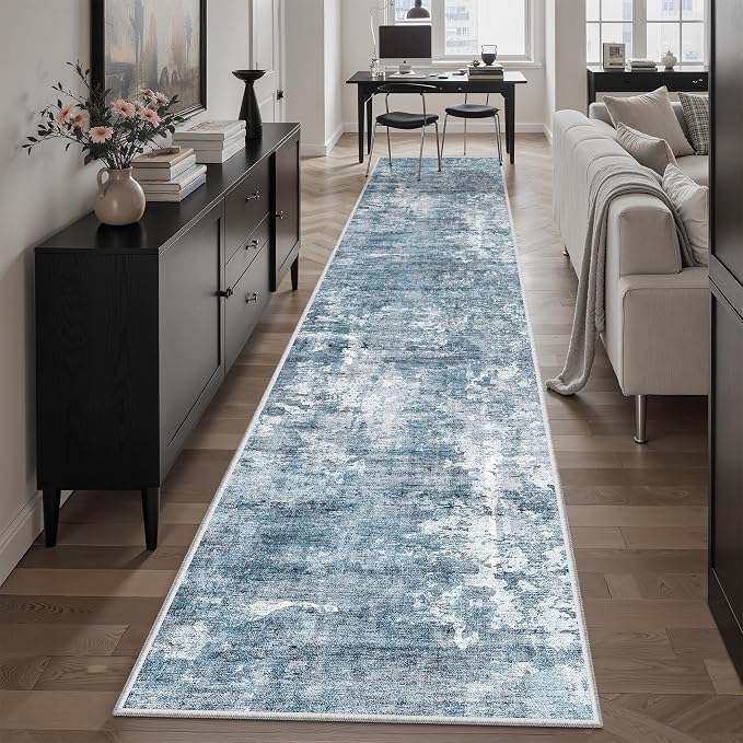 Soalmost Abstract Runner Rug 2x12 Hallway Kitchen Runners Blue/Grey | Stain - Image 3