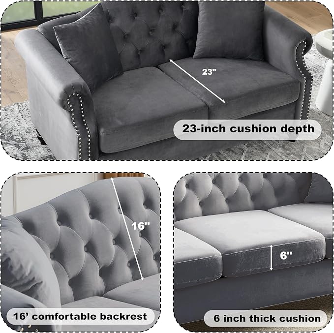 57" Chesterfield Grey Velvet 2-Seater Sofa - Image 5