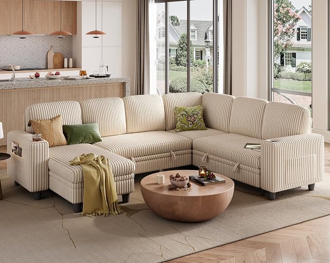 LINSY HOME Sectional Sofa with Pull Out Bed, 6 Seats Corduroy Reversible by LINSYHOME