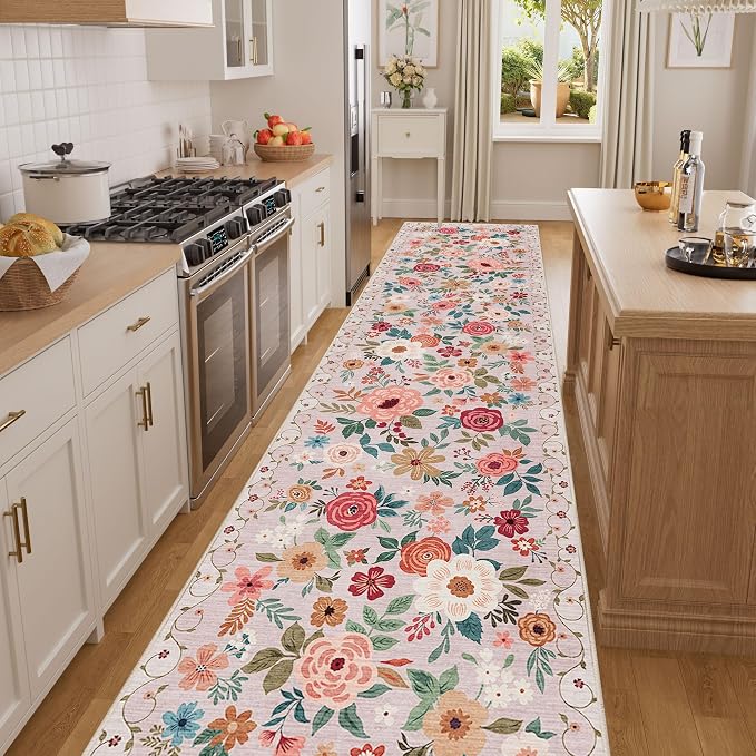 DUKINO 2.6x14 Washable Runner Rug, Floral Non Slip Long Runner Rug, Low Pile - Image 6