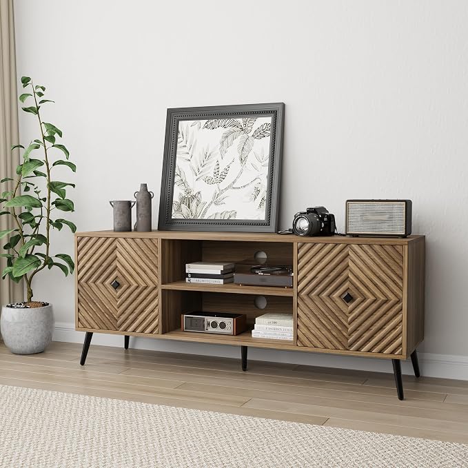 Smuxee Walnut TV Stand with Fluted Diamond Doors, 55.12" Mid Century Modern TV - Image 7