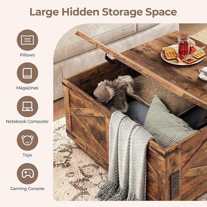 Jocoevol Farmhouse Lift Top Coffee Table, Square Wood Center Table - Image 6