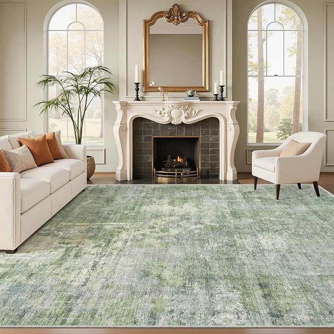 Soalmost Abstract Rug 8x12 Large Living Room Area Rugs Washable Green/Ivory | - Image 2