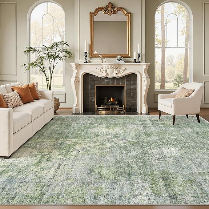 Soalmost 9x12 Area Rugs for Living Room Washable Rug Abstract Green/Ivory | by Soalmost
