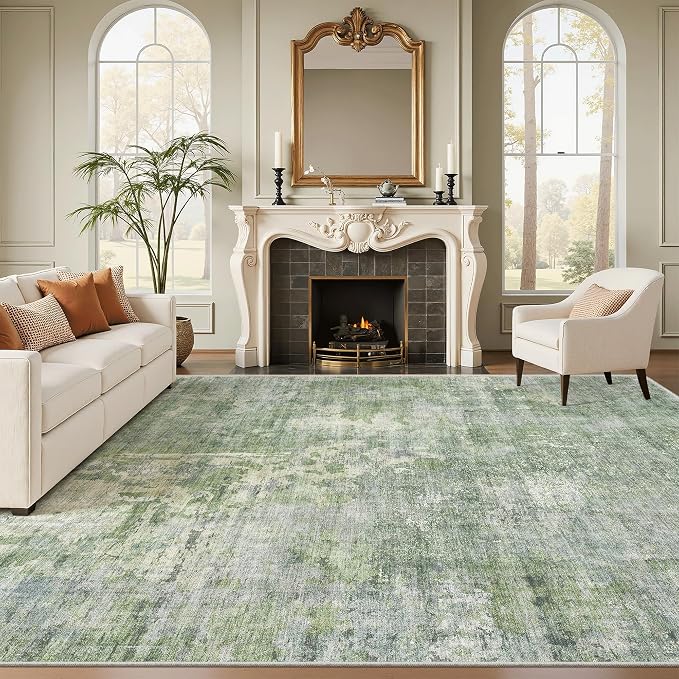 Soalmost 10x12 Area Rugs for Living Room Washable Rug Abstract Green/Ivory | by Soalmost