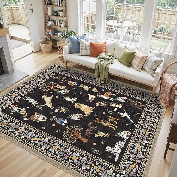 Black Floral Area Rug 9x12 for Living Room Bedroom | Low Pile; Non Slip;Machine - Image 2