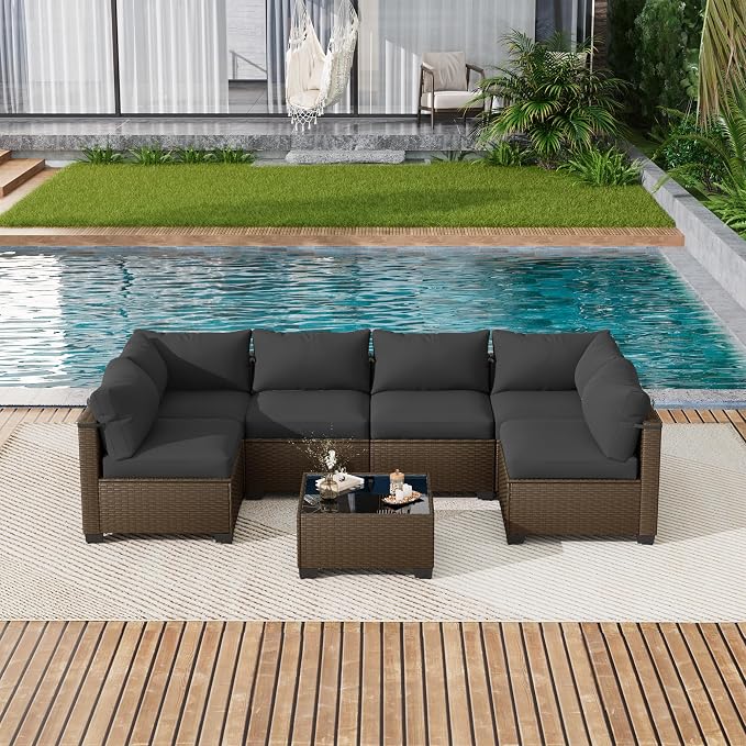 LOUVIXA 7 Piece Outdoor Patio Furniture Set, Outdoor Sectional Sofa, Wicker - Image 8