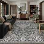 8x10 Black Grey Retro Floral Washable Area Rug by HUGEAR