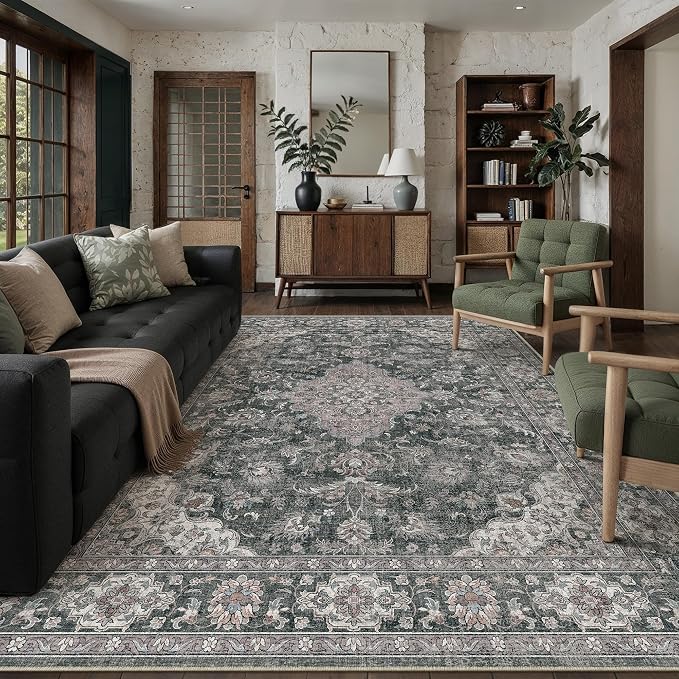 6x9 Black Grey Retro Floral Washable Area Rug by HUGEAR