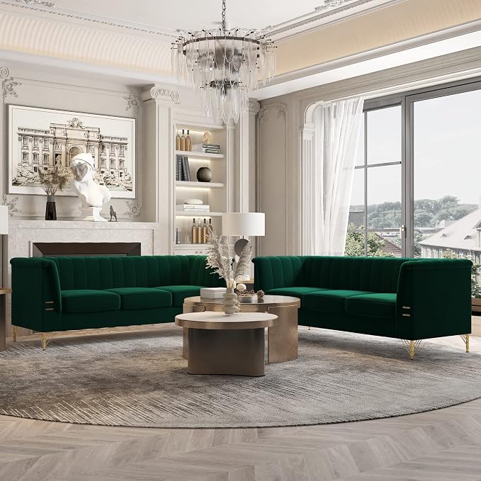 83.46" W Green Velvet Sofa Couch - Image 10