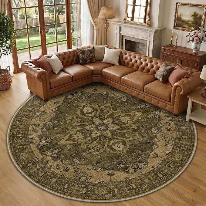 RELEANY Washable Area Rug, Round 10ft, Water Repellent, Pet Friendly, Vintage by RELEANY