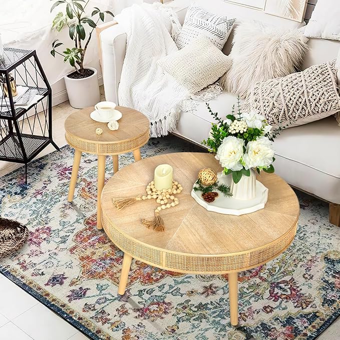 RUSTOWN 2-Piece Farmhouse Coffee Table, Modern Rustic Sofa Side Tea Tables - Image 2