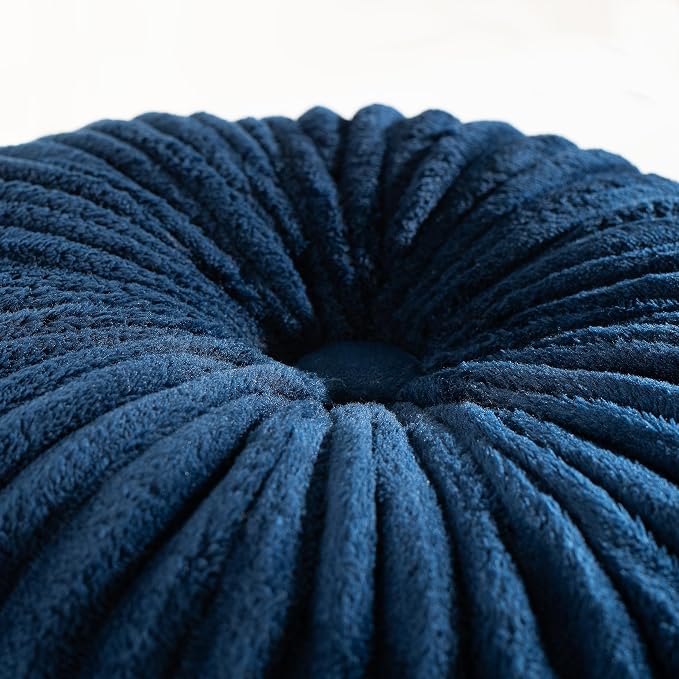 HIG Set of 2 Navy Flannel Decorative Round Pleated Throw Pillows | Vintage - Image 2