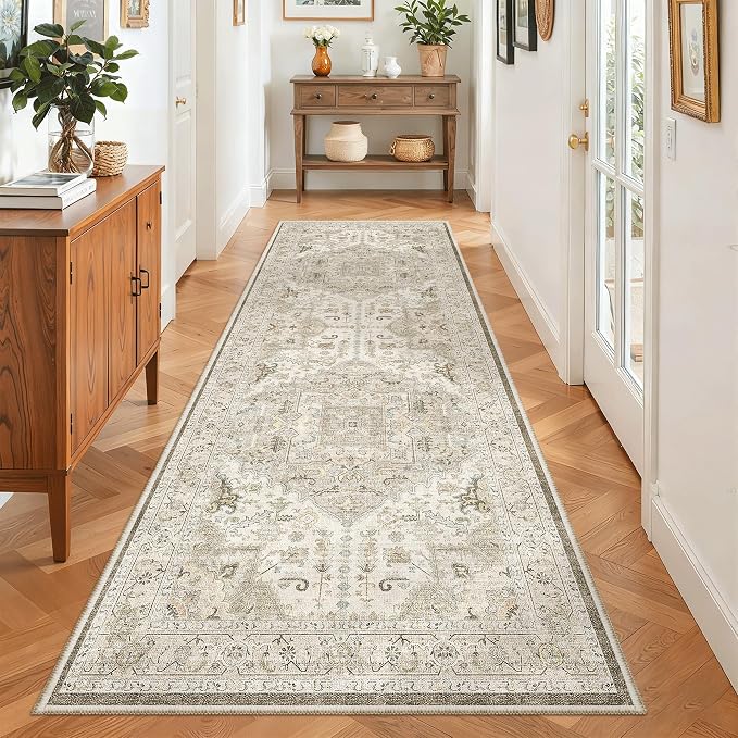 Madane Hallway Runner 3x8, Kitchen Rugs Washable Entry Rug, Ivory/Brown | - Image 3