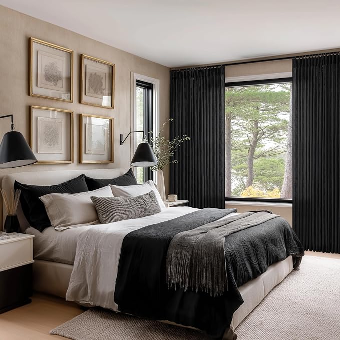 Black Linen Pleated Memory Shaped Semi Sheer Privacy Curtains 102 Inch Long | - Image 7