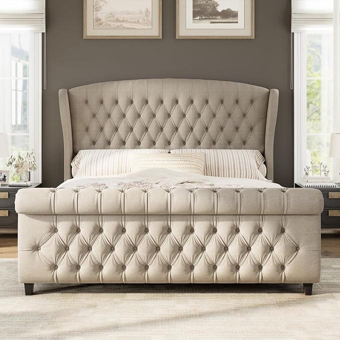 AMERLIFE California King Size Platform Bed Frame, Linen Upholstered Sleigh Bed by AMERLIFE