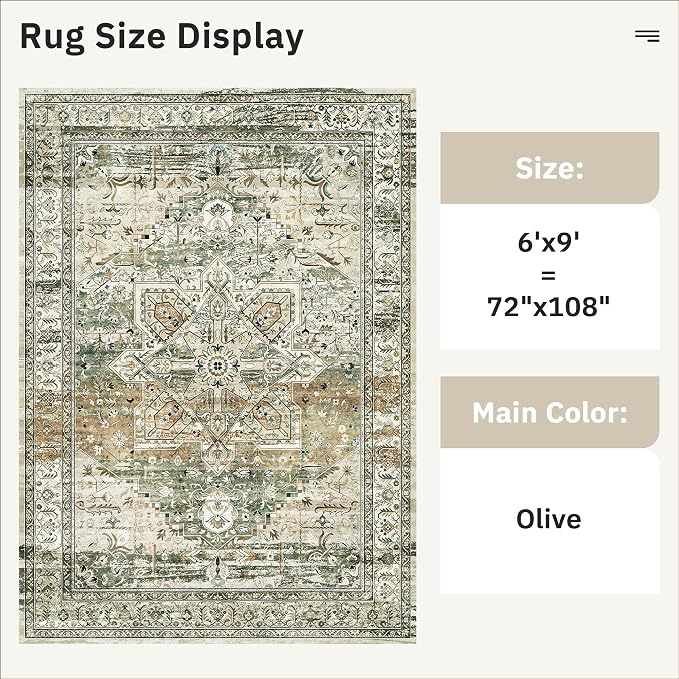 Soalmost 6x9 Area Rug for Living Room Washable Rugs Non-Slip Olive Beige | - Image 3