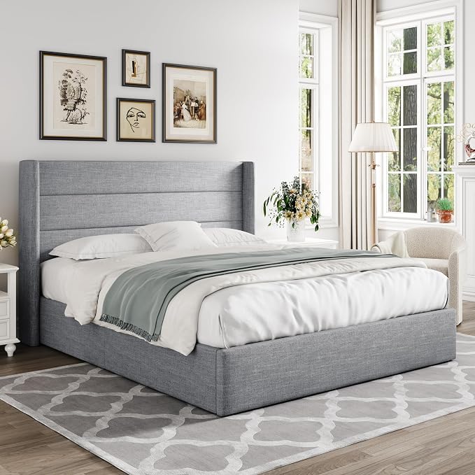 Allewie Queen Size Lift Up Storage Bed, Modern Wingback Headboard, Hydraulic - Image 8