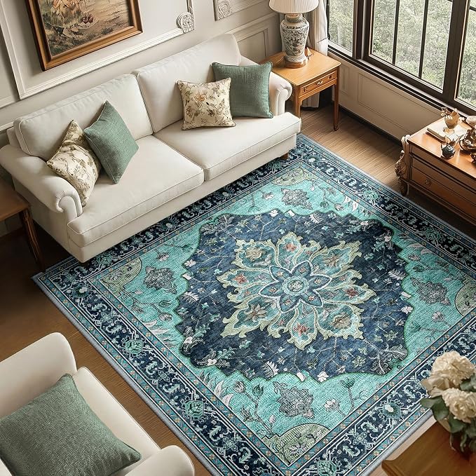 RELEANY Washable Area Rug, Square 6'x6', Teal | Non-Slip, Water Repellent by RELEANY