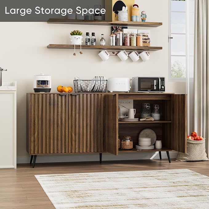 Smuxee 63" Fluted Sideboard Cabinet, Freestanding Walnut Buffet Cabinet - Image 7