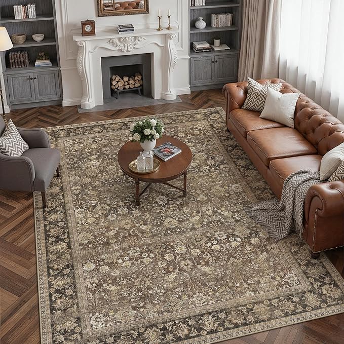 7x9 Brown Vintage Floral Washable Area Rug by HUGEAR