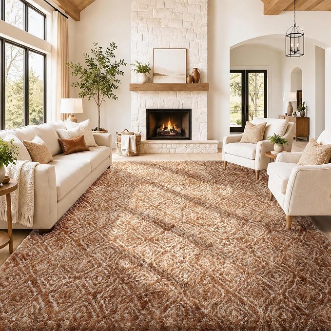 Ophanie 9x12 Brown and White Diamond Striped Rugs by Ophanie