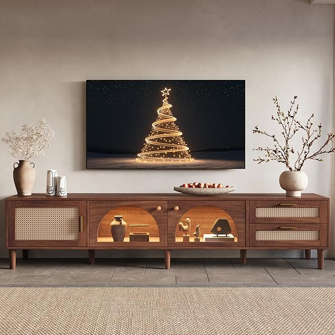 Merax Rattan TV Stand with LED Lights, Solid Wood Feet, Living Room, Bedroom by Merax