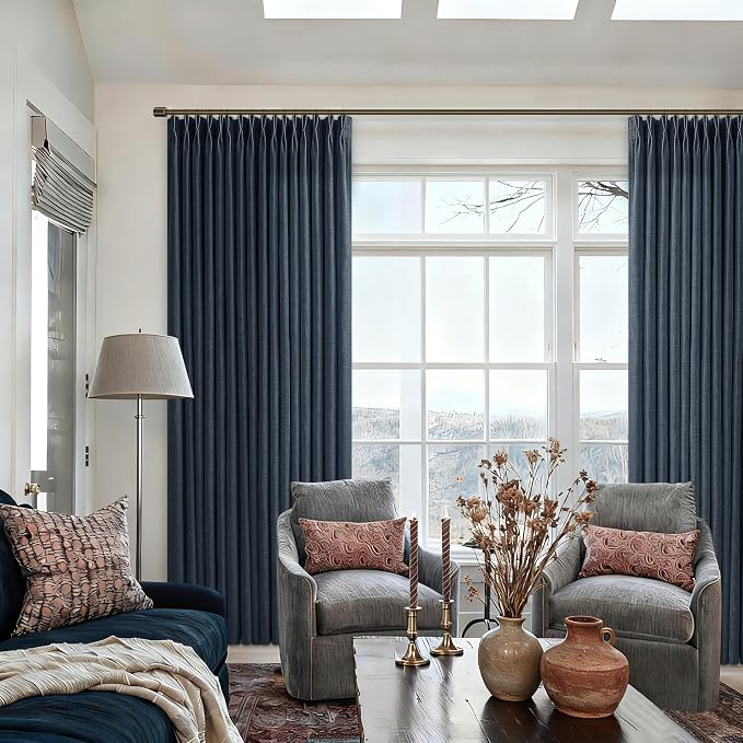 Pinch Pleat Linen Light Filtering Privacy Dark Navy Blue Curtains 50Wx105L | - Image 7