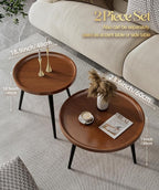 2-Piece Walnut Coffee Table, Durable Mid Century Small Round Coffee Tables - Image 3