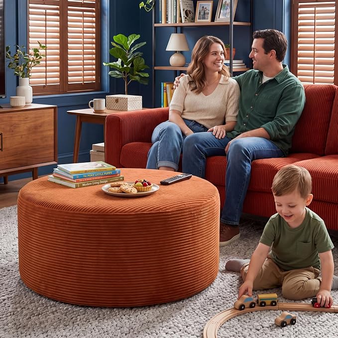 BSHOMGI Round Ottoman, Corduroy Ottomans Foot Stool, 27.5" Pouf Footstool by BSHOMGI