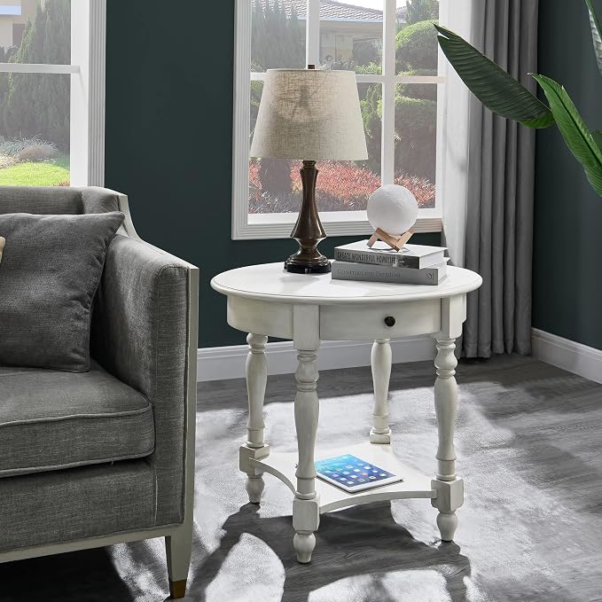 Oval End Table with Drawer, Solid Wood Sofa Side Storage Shelf, Traditional - Image 4