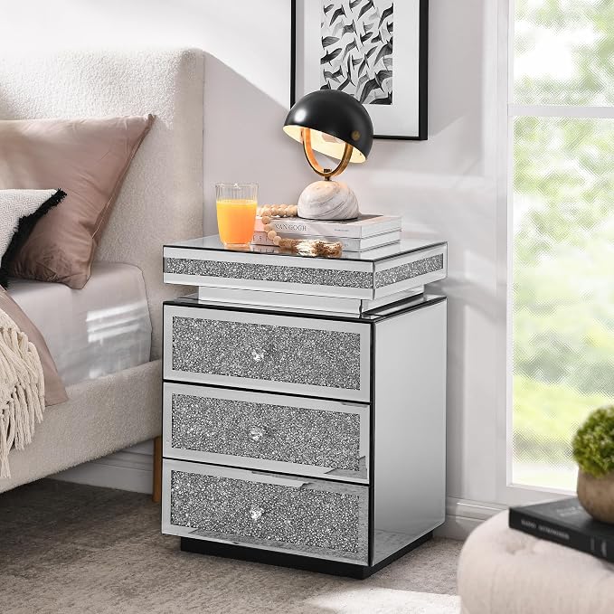 Mirrored Nightstand with 3 Drawers, Mirror End Table, Modern Bedside Table by HEPMIMZHU