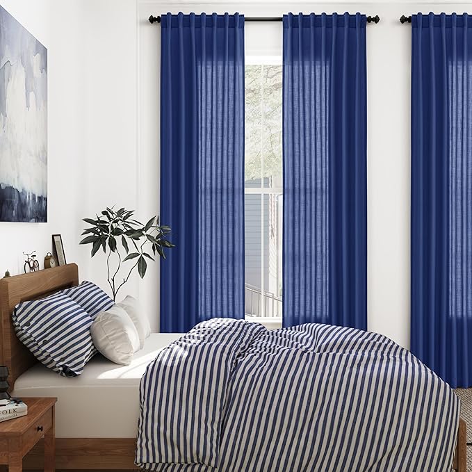 Classic Blue Linen Curtains 84 Inch Length 2 Panels Set - Image 7