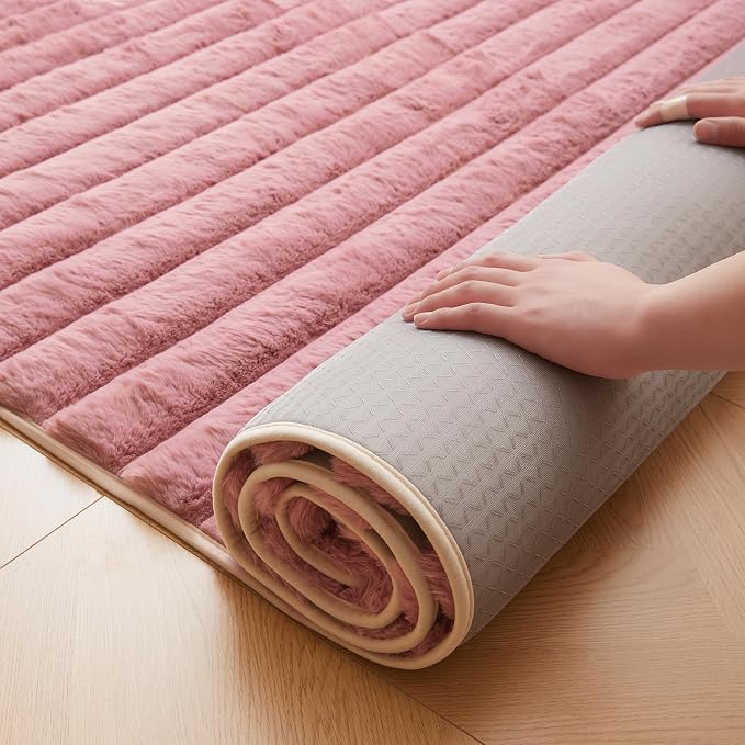 Dusty Rose Rabbit Striped Plush Rug 3'x5', Fluffy Faux Fur Shaggy Area Rug - Image 5