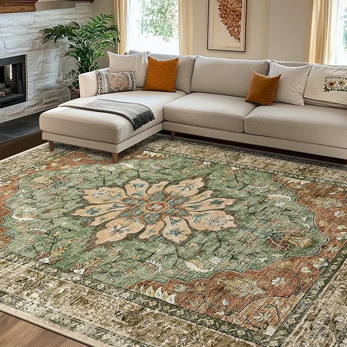 RELEANY Washable Area Rug, Brick/Brown/Green | Non-Slip, Water Repellent - Image 2