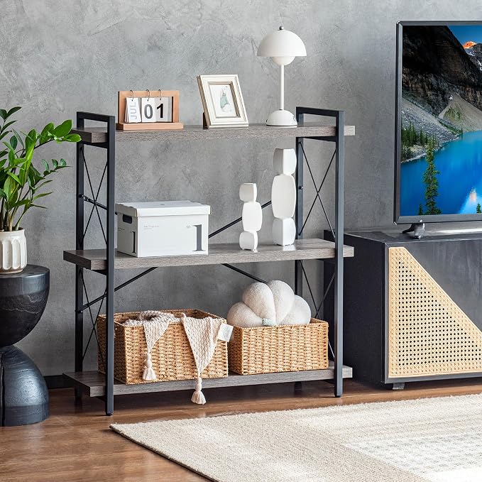 HCHQHS Bookshelf, 3-Tier Industrial Bookcase, Rustic Open Book Shelf, - Image 2