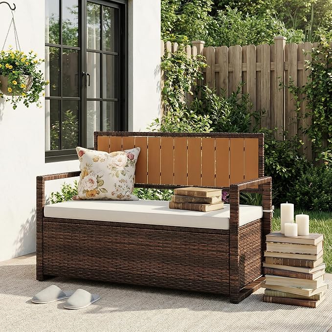 GarveeLife Wicker Storage Bench, Outdoor Rattan Stool - Image 3