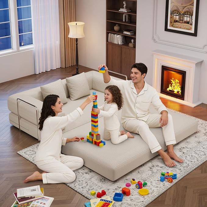 4-in-1 Foldable Sofa Bed Teddy Fabric Foam-Filled Compressed Couch, Beds Queen - Image 7