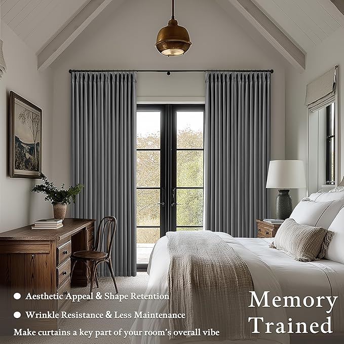 Charcoal Grey Pleated Thick Linen Blackout Curtains 120 Inches Long - Image 4