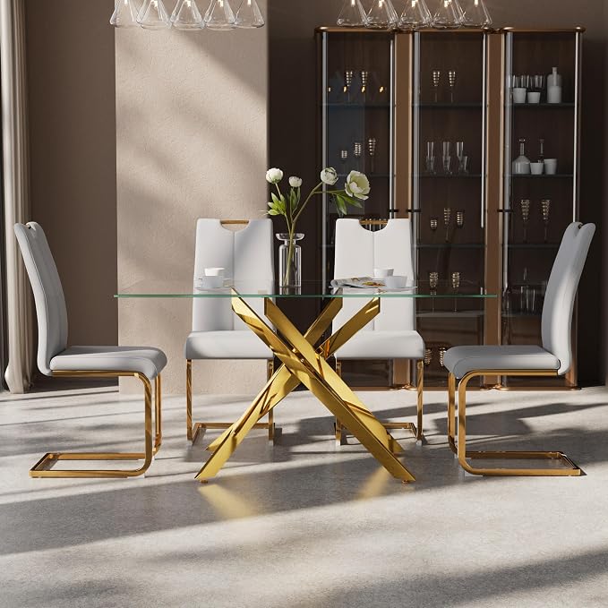 5-Piece Dining Table Set for 4, Modern Rectangular Glass Table - Image 3