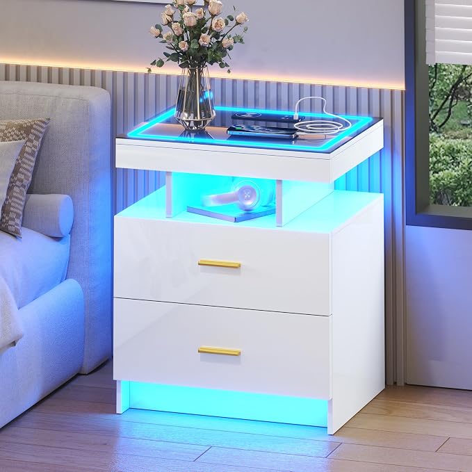 LED Nightstand Set 2 with Wireless Charging Station, Glass Top Smart Bedside - Image 3