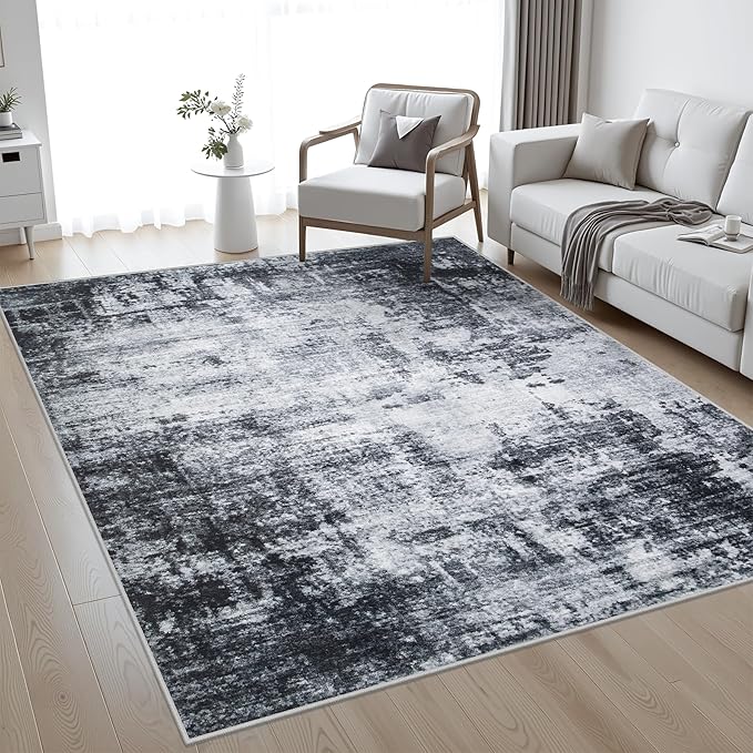 10x12 Area Rug Living Room: Modern Washable Soft Carpet Dark Black | - Image 2