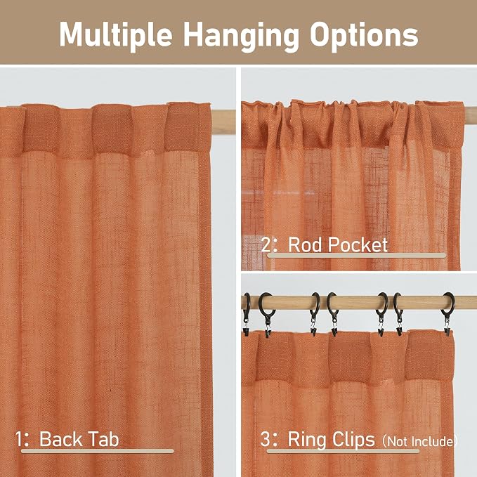 Burnt Orange Sheer Linen Curtains 84 Inch Length - Image 3